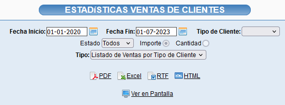 Listado de ventas por tipo de cliente en estadísticas de Solincloud