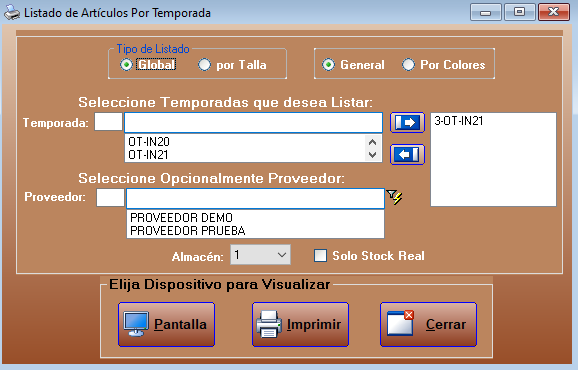 Listado de artículos por temporada en Zapages