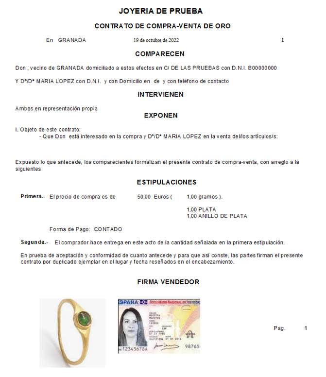 Añadir DNI y Foto de la mercancía al contrato de compra-venta de oro en Joyesof