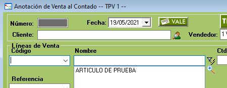 Campo cdigo en alta de venta en TpvSof