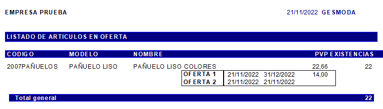 Gesmoda, listado de artículos en oferta