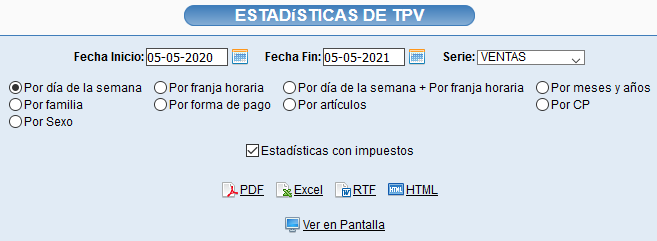 Estadísticas de ventas con opciones por código postal y sexo