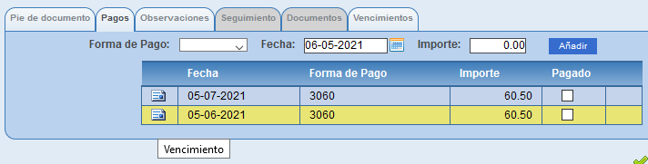 Recibos del documento de proveedor, generados con la forma de pago en Solincloud y Vestanube