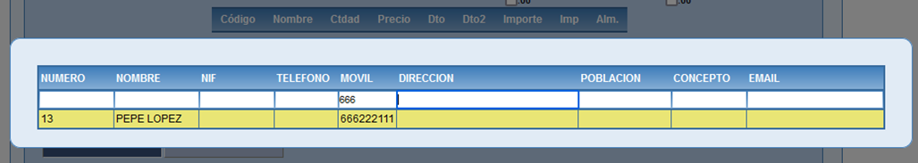Búsqueda de cliente por teléfono móvil en Solincloud y Vestanube
