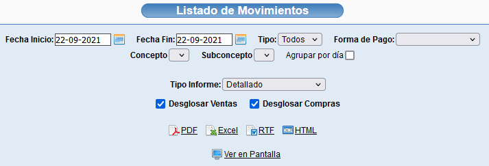 Listado de movimientos de caja