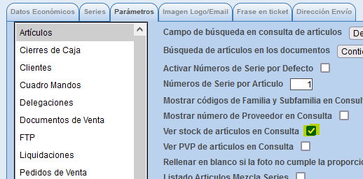 Parámetro ver stock de artículos en consulta