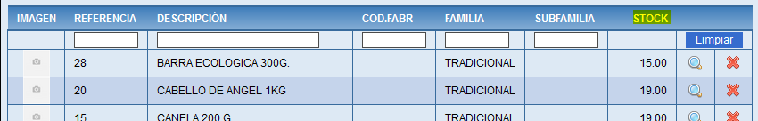 Consulta de artículos con la columna de stock
