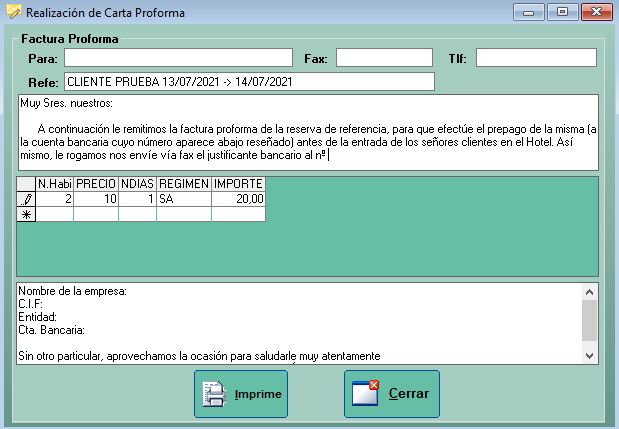 Realización de Factura Proforma en Geshotel