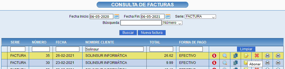 Consulta de factura para abonar documento en Solincloud y Vestanube