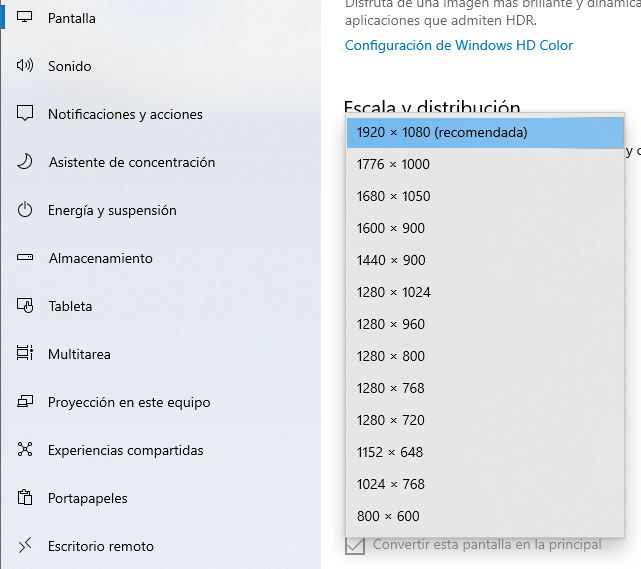 Ajustar resolución en Windows 10