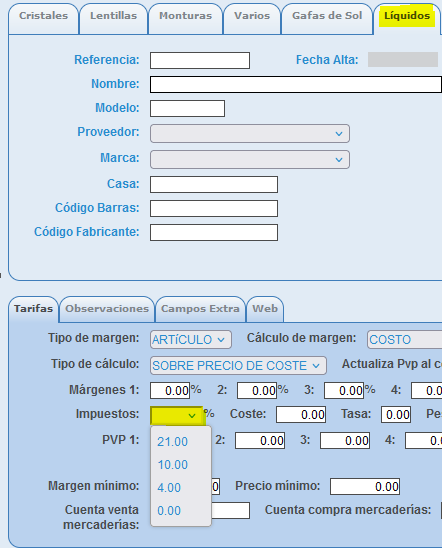 Configurar impuestos de liquidos en Opticloud