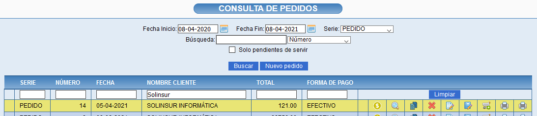 Consulta de pedido de cliente en Solincloud