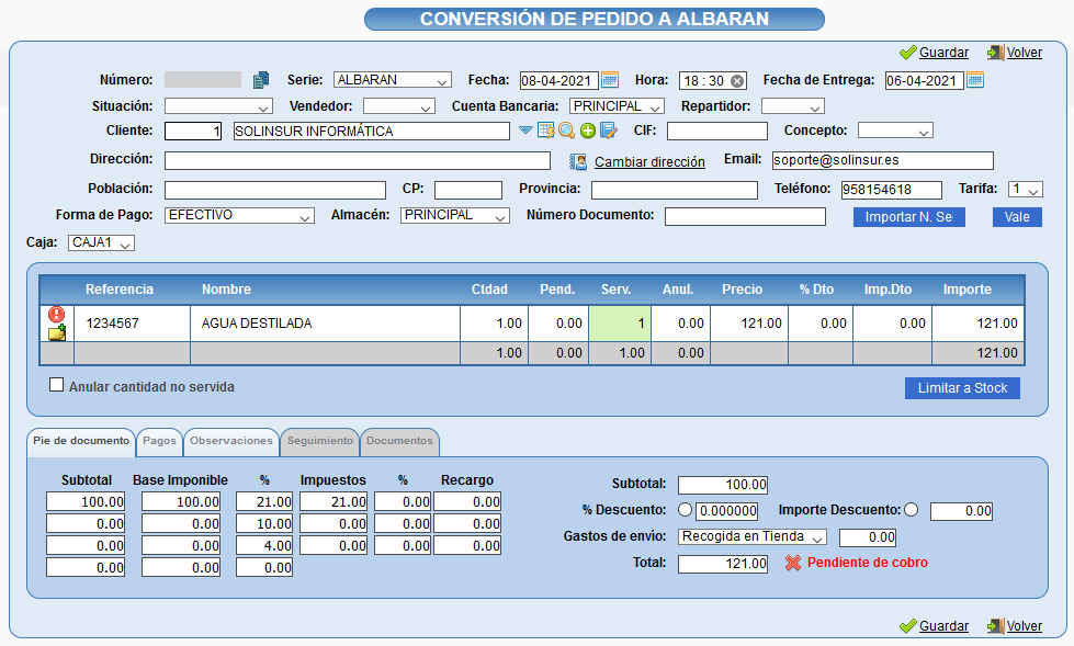 Transformación de pedido a albarán