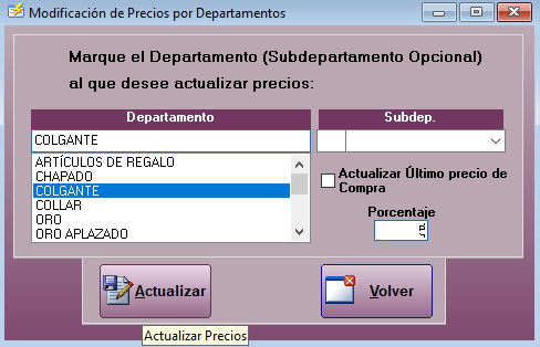 Modificar precios por departamentos en Joyesof