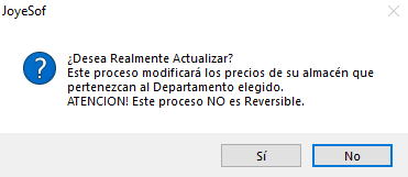 Mensaje de aviso al modificar precios por departamento