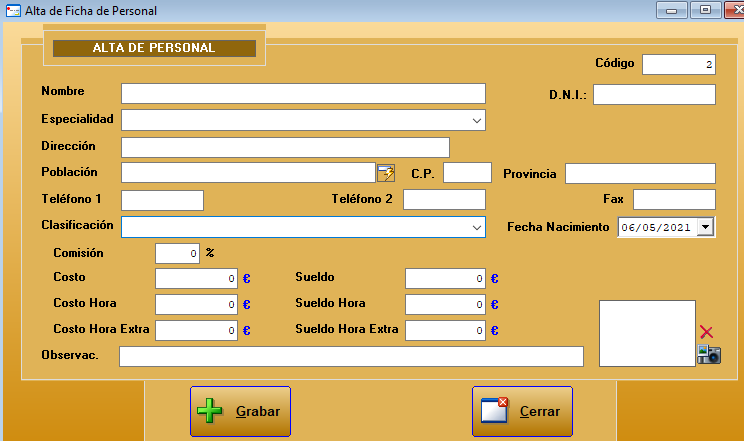 Ficha de personal en Restages, alta