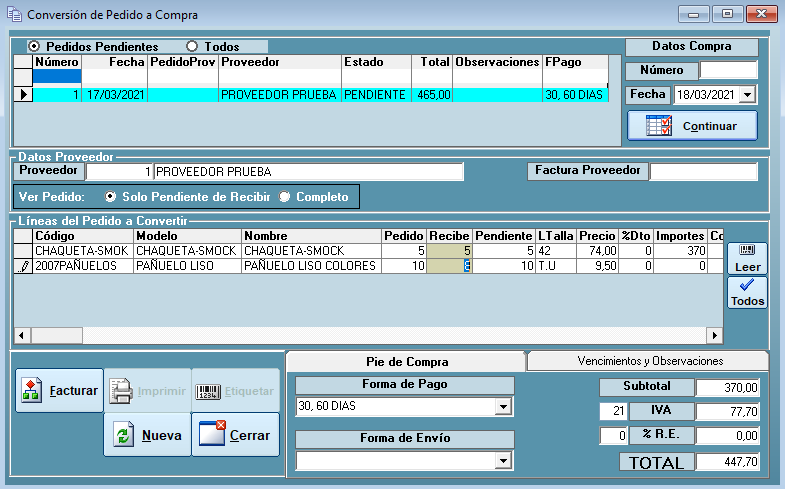 Convertir pedido de compra a factura de compra en Gesmoda