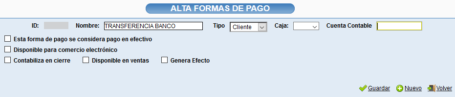 Asignación de cuenta contable a forma de pago en Solincloud / Vestanube