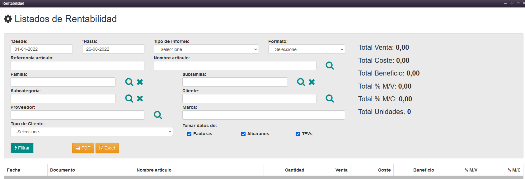 Listado de Rentabilidad en Solincloud y Vestanube