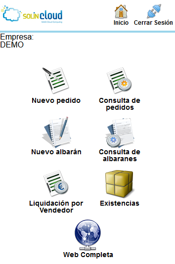 Ventana principal de acceso a Solincloud y Vestanube desde dispositivo móvil