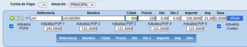 Inserción de producto en pedido de compra