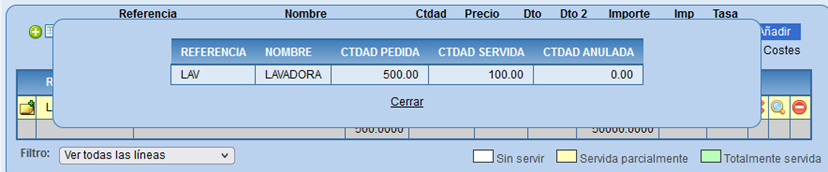 Detalle de la línea del pedido