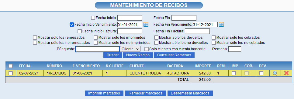 Búsqueda del recibo asociado a la factura en Solincloud