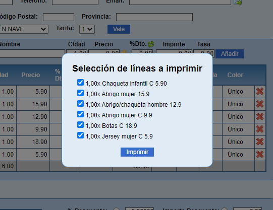 Selección de líneas para ticket regalo en Solincloud y Vestanube