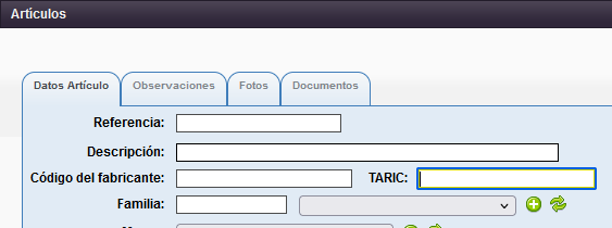 Campo TARIC en la ficha de producto de Solincloud