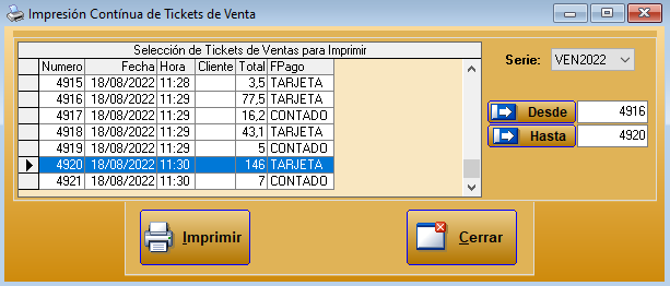 Impresión continua de tickets en Restages