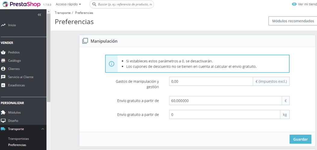 Gastos de envío gratis en Prestashop
