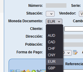 Selección de moneda en documento de Solincloud / Vestanube