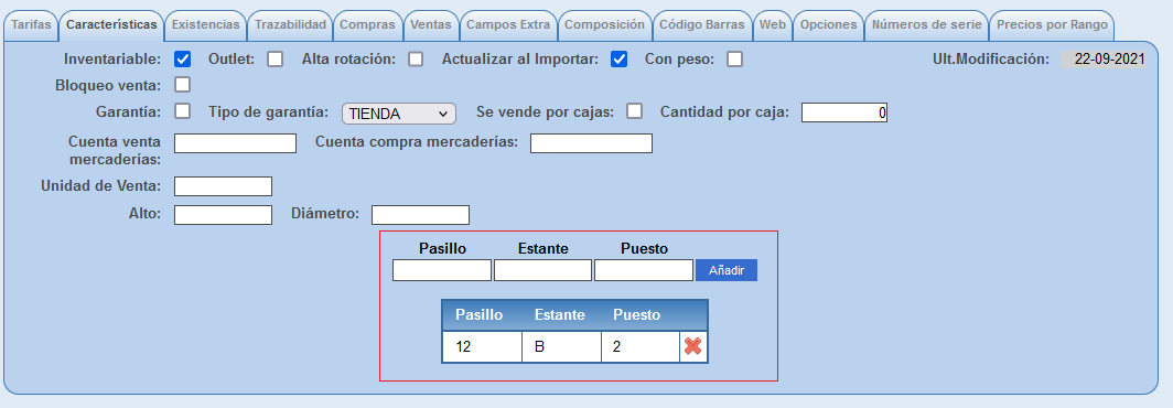 Pestaña características