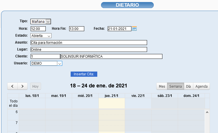 Insercin de cita en la agenda de Solincloud/Vestanube