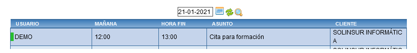 Vista de las citas al acceder a Solincloud / Vestanube