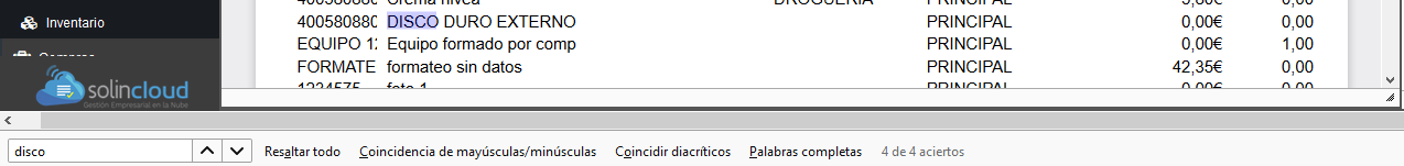 Búsqueda de texto en informe de Solincloud