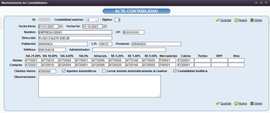 Creación de nueva contabilidad en Solincloud / Vestanube
