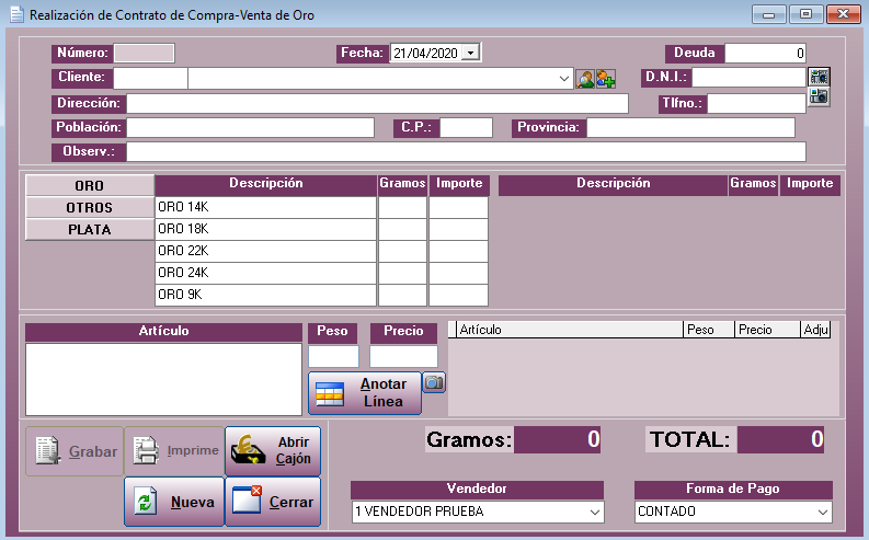 Ventana de contrato compra-venta de oro