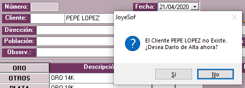 Creación de cliente desde ventana de compra-venta de oro