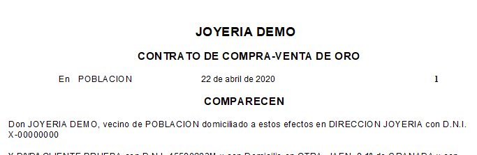 Impresión de contrato compra-venta de oro
