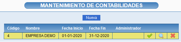 Listado de contabilidades creadas en el sistema