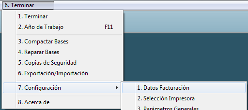 Menú de datos facturación en Gesmoda