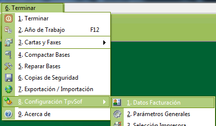 Menú de datos facturación en TpvSof