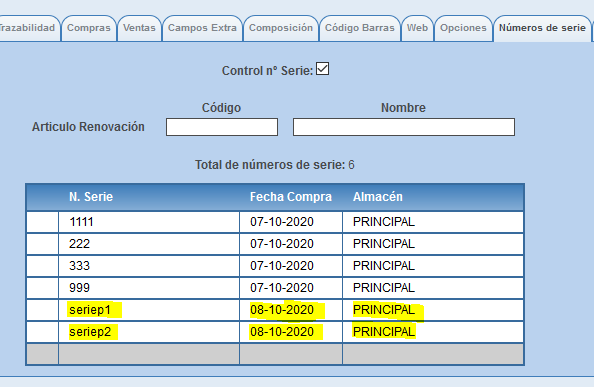 Nmeros de serie aadidos a la ficha del producto