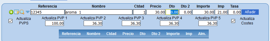 Selección de producto en documento de compra en Solicnloud y Vestanube