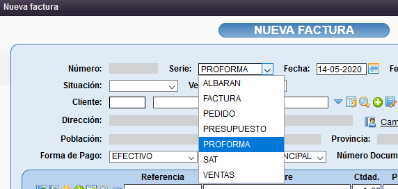 Selección de serie en facturas proforma de solincloud