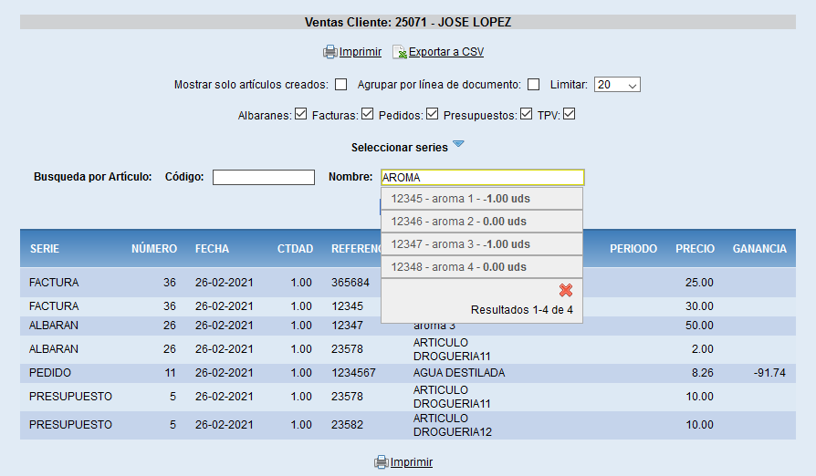 Filtro de productos en la pestaña de ventas de cliente