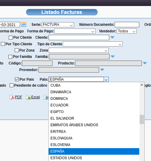 Filtro por país en listado de facturas de Solincloud