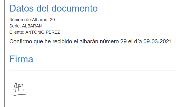 Ejemplo de firma de Albarán en Solincloud
