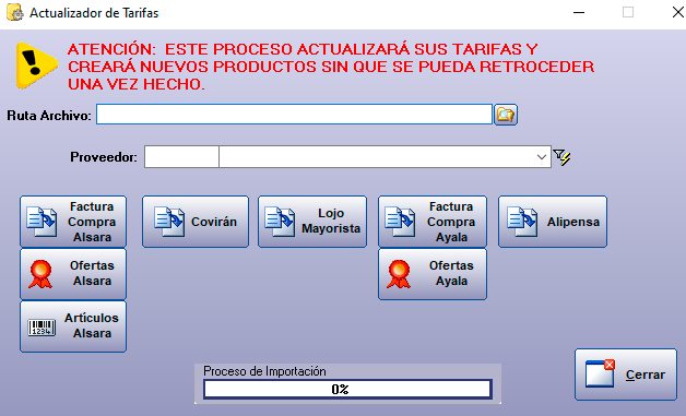 Importación de tarifas de proveedores en Mercasof
